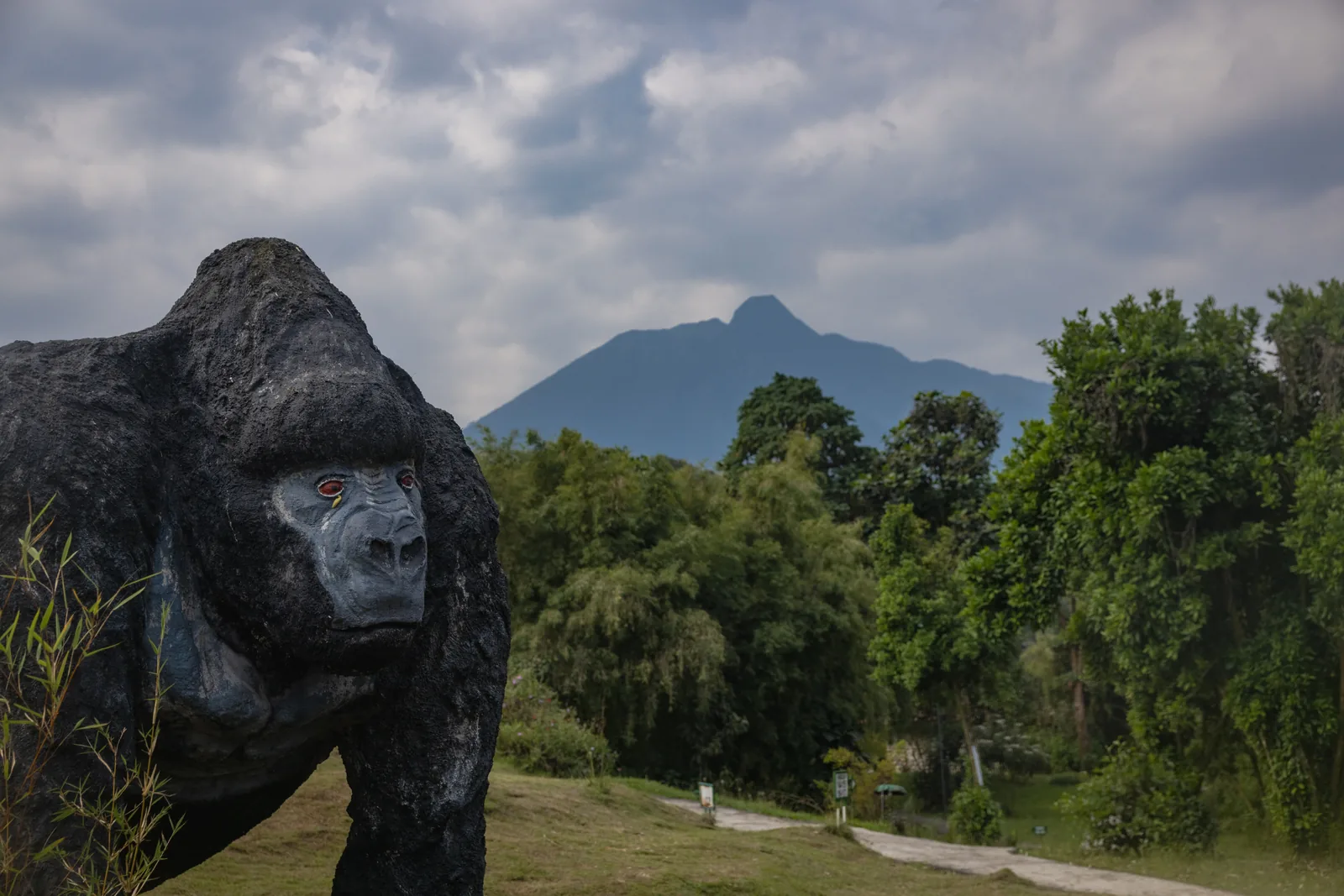 Silverback gorilla sculpture with Volcanoes National Park behind